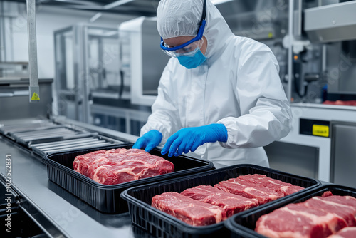 A worker in protective gear is gently placing meat into rectangular black plastic boxes on the conveyor belt of an advanced food processing plant,  photo