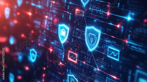 Cybersecurity technology background, showcasing digital shields, encrypted data streams, and security symbols, emphasizing data protection, firewalls, and secure communications.