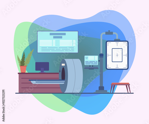 Hospital interior with magnetic resonance tomography equipment. Vector illustration with medical diagnostic tools. Musculoskeletal health, tomography, treatment concept