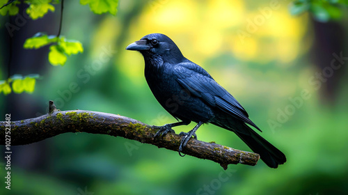 A black bird perched on a branch in nature.