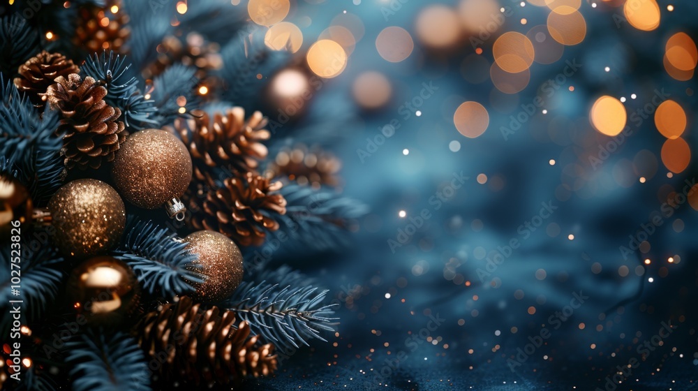 Christmas tree with fir cones and beautyful lights bokeh background. Space for text. Copy space. Greeting card. Christmas tree with fir cones and beautyful lights bokeh background. Space for text. Copy space. Greeting card.