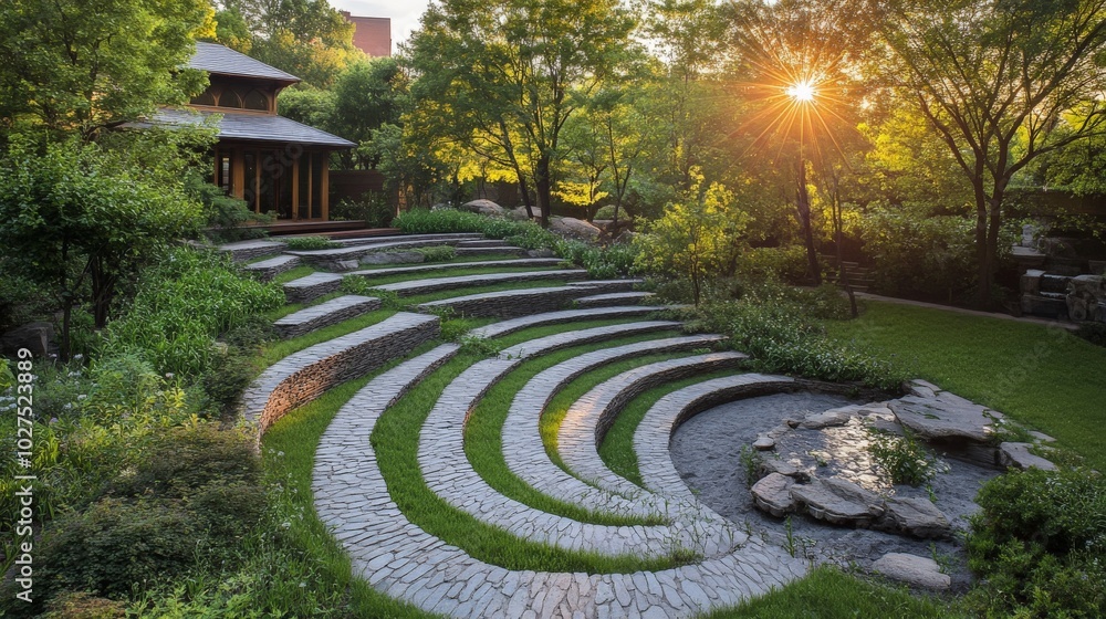 Serene Garden Oasis at Sunset with Winding Stone Pathway Serene Garden Oasis at Sunset with Winding Stone Pathway