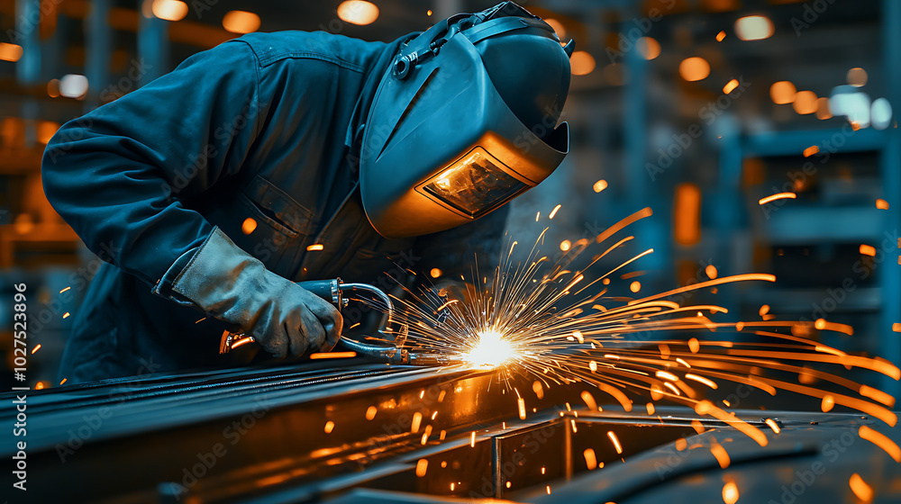 Technician Welding a Broken Part: A technician, wearing a welding mask, is repairing a broken part of a large industrial machine. Sparks fly from the welding torch as the technician works, Technician Welding a Broken Part: A technician, wearing a welding mask, is repairing a broken part of a large industrial machine. Sparks fly from the welding torch as the technician works,