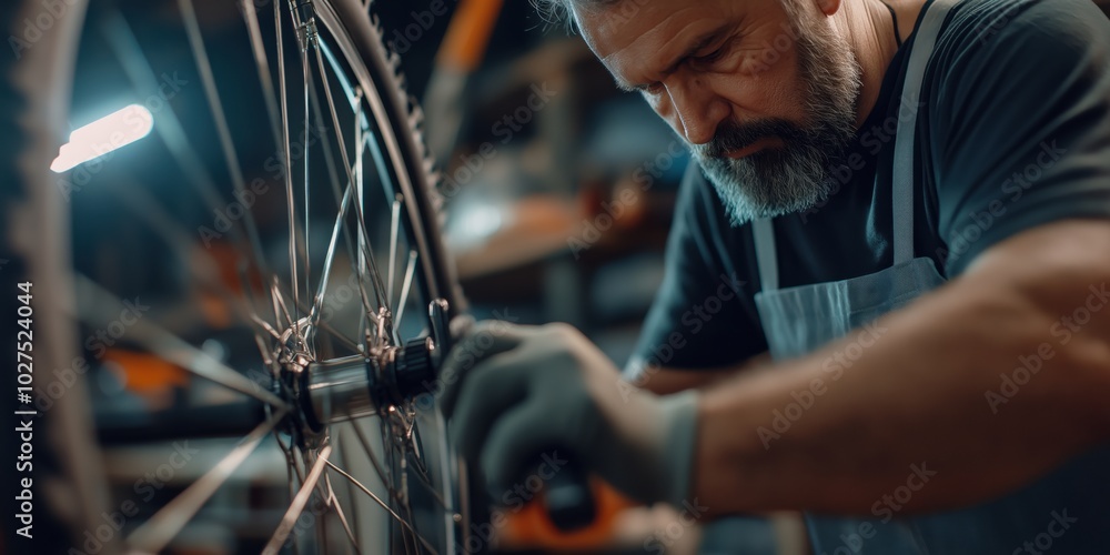 Obraz premium A focused craftsman in an apron tweaks a bicycle wheel to perfection, embodying meticulousness and dedication in his workshop filled with tools and spare parts.