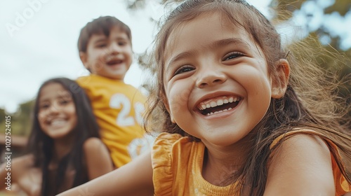 Three joyful children laughing outdoors, enjoying a sunny day together, embodying happiness and friendship.