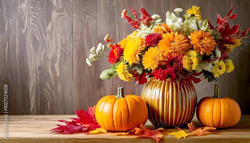 Autumnal décor including a pumpkin vase and floral arrangement, ideal for autumnal celebrations like Halloween and Thanksgiving. photo