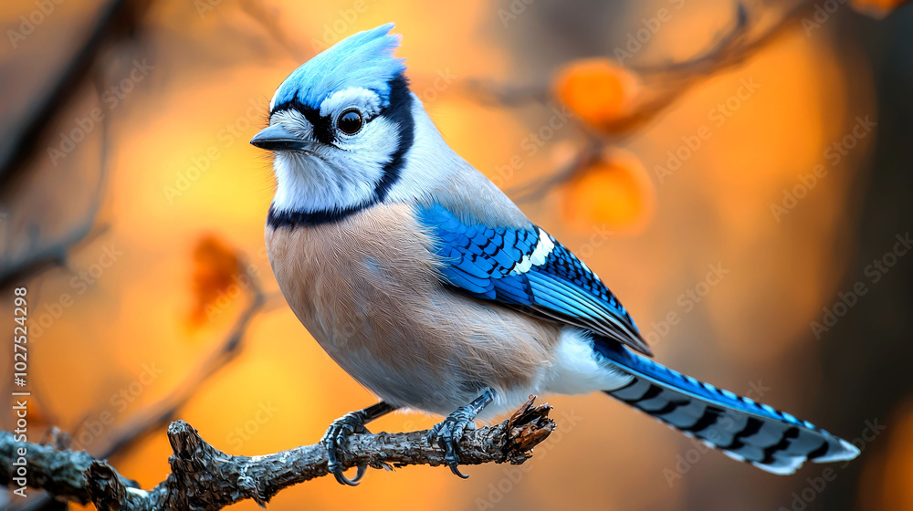 Obraz premium A blue jay perches on a branch with a blurred background of orange foliage.