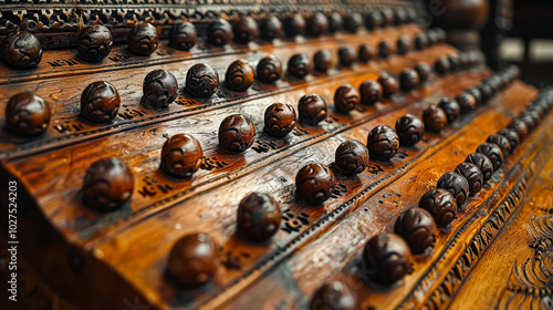 Wooden box with many small round objects on it. The objects are brown and appear to be some sort of decoration. The box is placed on a wooden surface and is surrounded by a wooden frame