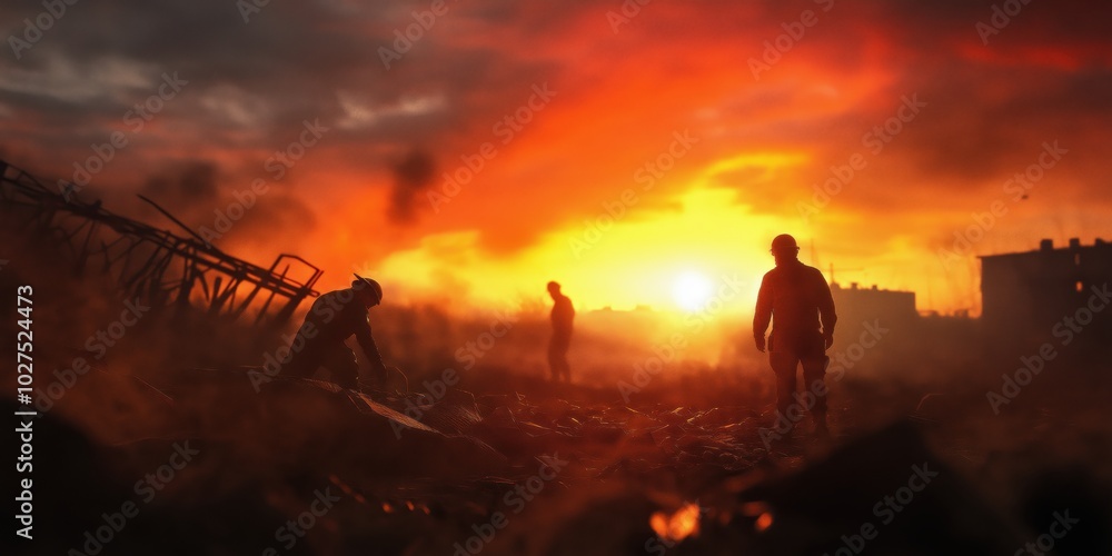 Fototapeta premium Silhouettes of people stand against a dramatic, fiery sunset sky filled with smoke and ruins, evoking a sense of survival and resilience in an apocalyptic scene.