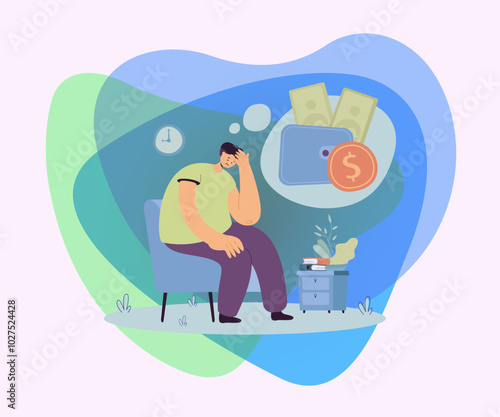 Sad unhappy person having money problem. Broke man feeling sad and depressed, staying home and thinking of unpaid loan. Vector illustration for bankrupt, financial crisis, depression concept