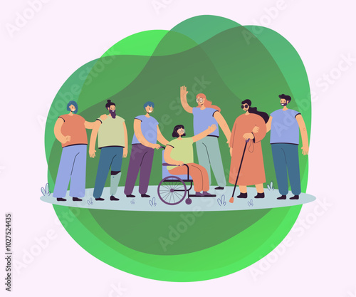 Smiling volunteers helping disabled people isolated flat vector illustration. Cartoon character giving support for handicapped men and women. Volunteering, assistance and disability concept