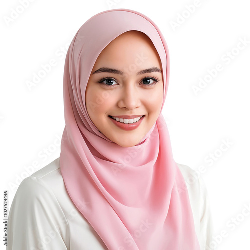 Portrait of a beautiful Indonesian Muslim female model wearing a hijab, isolated on transparent background