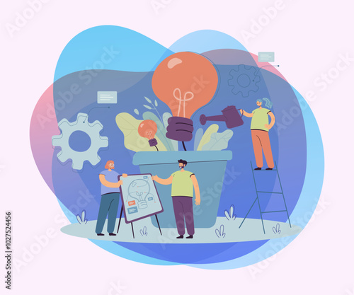 Team growing lightbulb plant. Business people creating ideas for climate change, environment, electricity. Flat vector illustration ecology, future, conservation teamwork concept