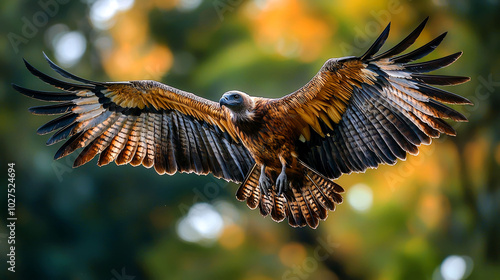 A brown and white vulture with its wings spread wide in flight, with a blurry background of green and yellow leaves. photo