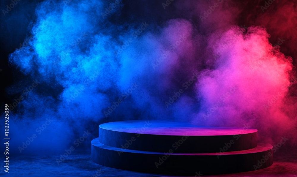 A circular platform with two tiers sits in front of a dark background with blue and pink smoke illuminated by neon lights. A circular platform with two tiers sits in front of a dark background with blue and pink smoke illuminated by neon lights.