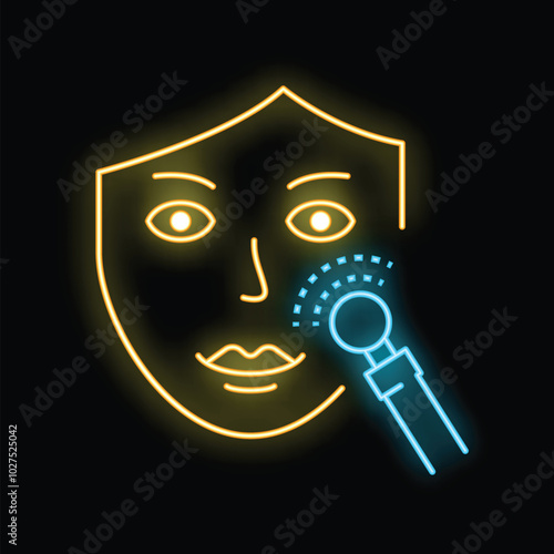 Neon icon representing a face receiving a treatment from a beauty device, perfect for beauty salons and spas