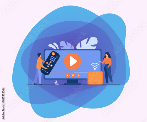 Vector illustration for movie watching, home entertainment concept. Tiny couple watching video on Internet. Man holding remote control, woman standing by receiver or smart box with Wi-Fi signal