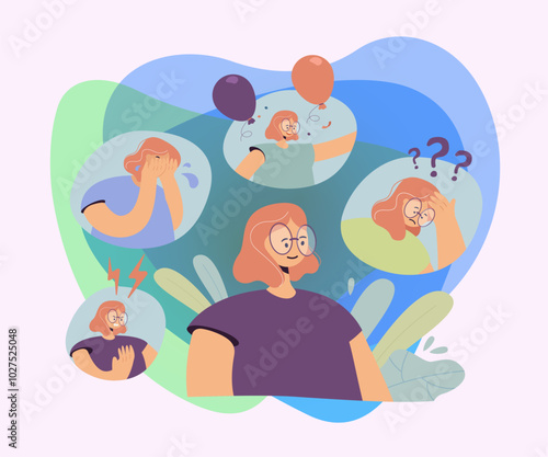 Woman going through nervous breakdown or bipolar behavior disorder. Person feeling anger, frustration, joy, confusion. Vector illustration for mood changes, mental problems, emotional crisis concept