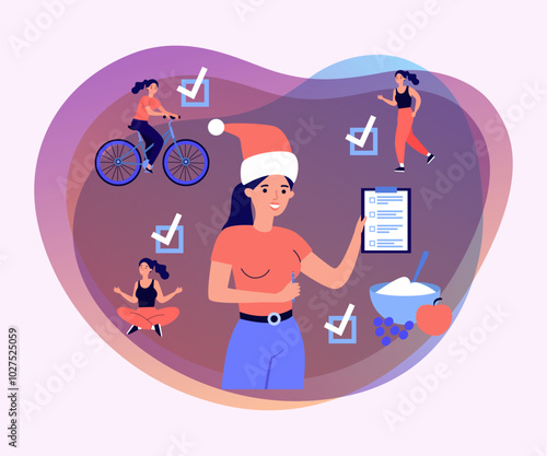 Woman in Christmas hat with resolution list. Vector illustration. Woman riding bike, doing yoga, jogging, eating healthy food. Health, wellness, New Year resolution concept