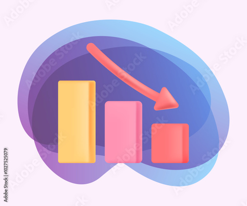 Crisis drop of arrow down following decrease in chart 3D icon. Descending graph with colorful bars 3D vector illustration on abstract background. Decline, negative forecast concept