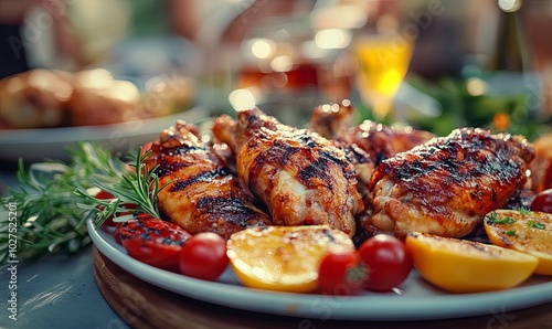 A close-up of a plate of grilled chicken with lemon slices, cherry tomatoes, and rosemary sprigs.