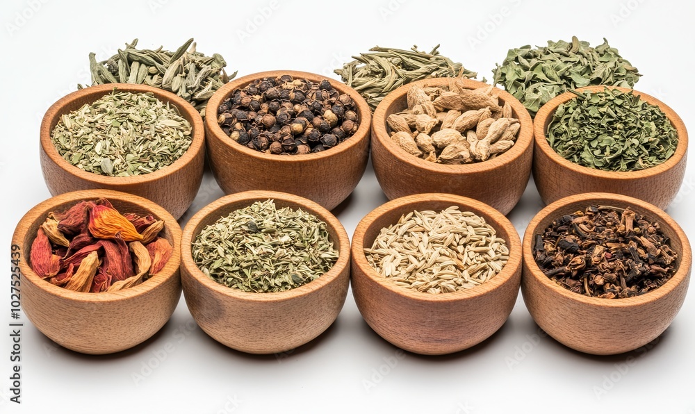 A collection of various dried herbs and spices in wooden bowls. A collection of various dried herbs and spices in wooden bowls.