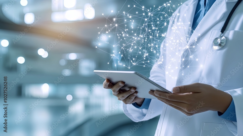 A doctor in a white coat and stethoscope uses a tablet computer with a glowing network of data points above it. The doctor is standing in a hospital or clinic. A doctor in a white coat and stethoscope uses a tablet computer with a glowing network of data points above it. The doctor is standing in a hospital or clinic.