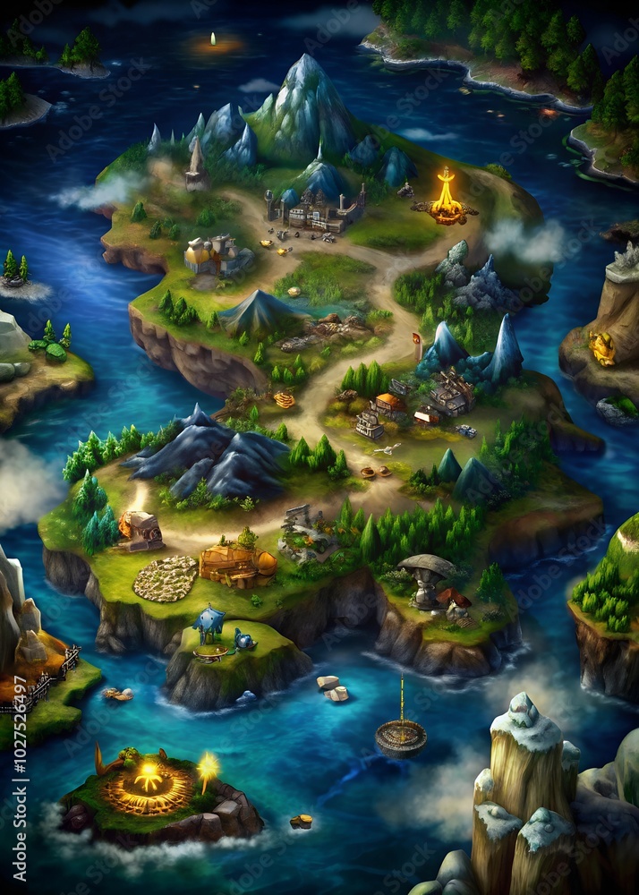 Obraz premium a color game map of the islands of the world with rivers and mountains located on it
