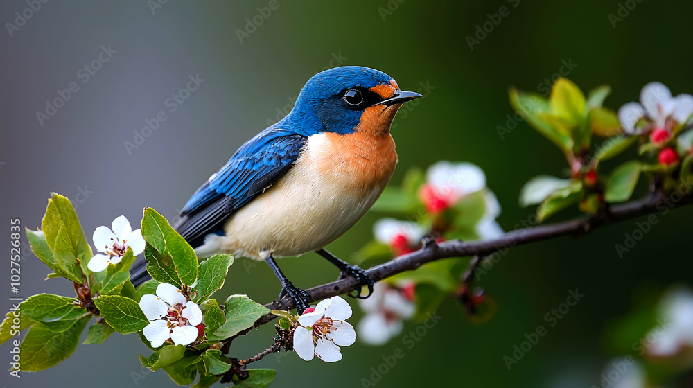 Obraz premium A colorful bird perched on a flowering branch.
