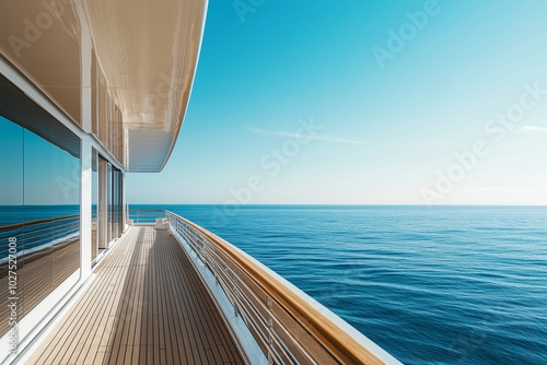 A photograph of the deck from behind, looking out over an ocean view on a luxury yacht in white and wood with no people, a blue sky, clean and minimalistic, bright, taken during the day photo