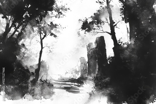 Subtle ink wash with layers of diluted strokes, giving a sense of depth and dimension