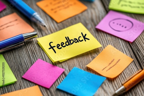 Post-it speech bubbles in a variety of colors, showing 'feedback' words