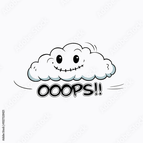 Playful cartoon cloud character saying "OOOPS!!", cheerful mood, simple black and white design