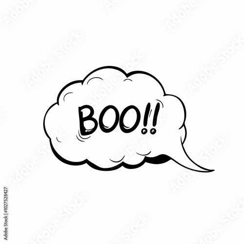 Cartoon-style speech bubble saying "BOO!!", playful mood, simple black and white design
