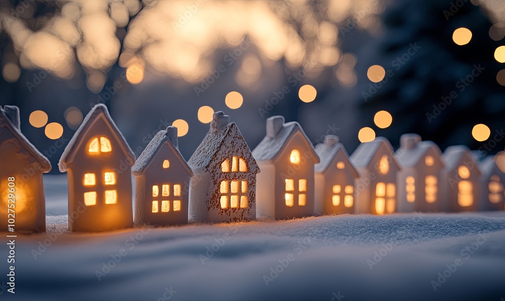 A row of miniature white houses with glowing windows sit in the snow at dusk. The background is a blurred view of a wintery landscape with twinkling lights. A row of miniature white houses with glowing windows sit in the snow at dusk. The background is a blurred view of a wintery landscape with twinkling lights.