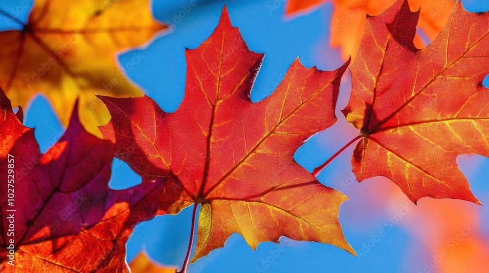 A group of red, orange, and yellow maple leaves in autumn hanging scattered on the tree branch against blue sky background A group of red, orange, and yellow maple leaves in autumn hanging scattered on the tree branch against blue sky background