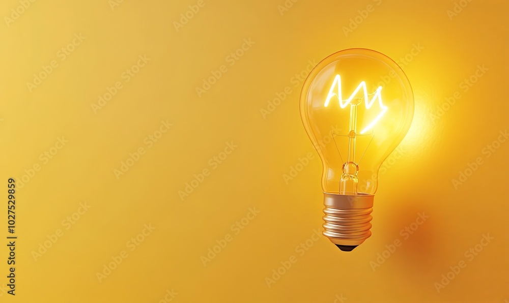 A single light bulb with a glowing filament on a yellow background. A single light bulb with a glowing filament on a yellow background.