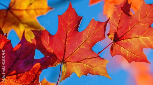A group of red, orange, and yellow maple leaves in autumn hanging scattered on the tree branch against blue sky background