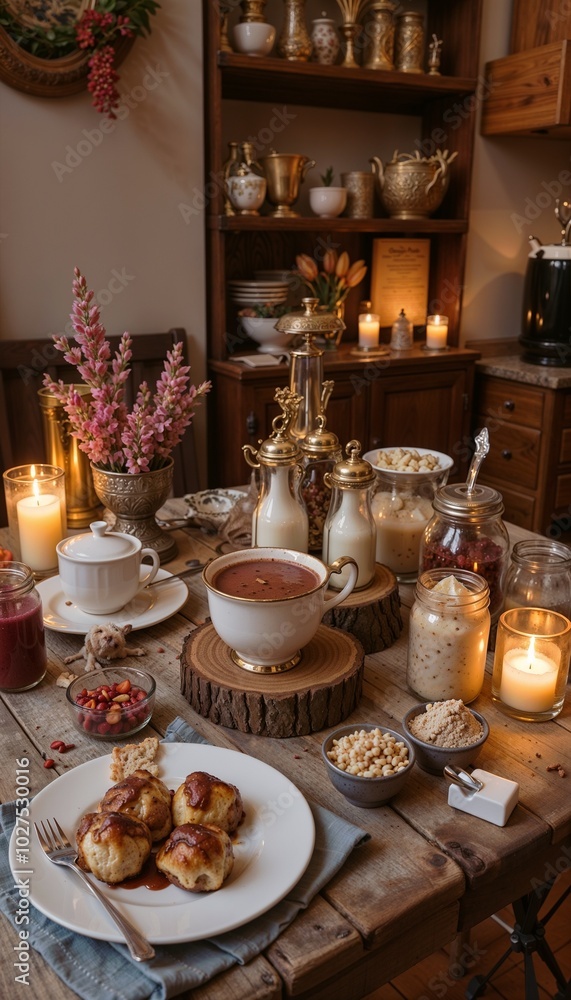 Elegant table setting with delicious pastries, various beverages, and decorative candles for a warm gathering Elegant table setting with delicious pastries, various beverages, and decorative candles for a warm gathering