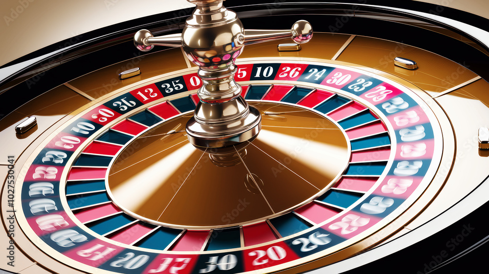 Close-up of a roulette wheel, vibrant colors, perfect for gaming themes.