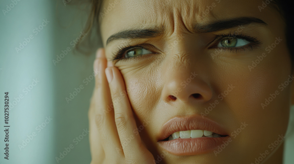 A young woman with a concerned expression touching her face in a softly lit indoor setting, reflecting on her thoughts and emotions A young woman with a concerned expression touching her face in a softly lit indoor setting, reflecting on her thoughts and emotions