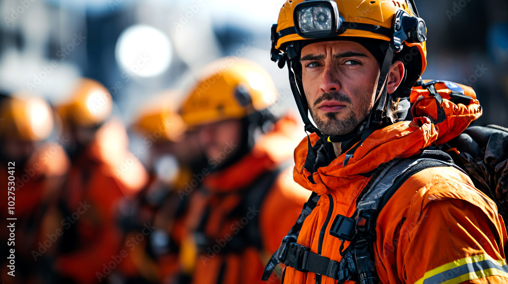 A firefighter in an orange helmet and jumpsuit stares intensely at the camera with his team in the background. A firefighter in an orange helmet and jumpsuit stares intensely at the camera with his team in the background.