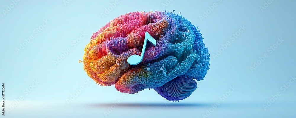 A brain shaped like a musical note, with calming colors, symbolizing the connection between music and mental health. A brain shaped like a musical note, with calming colors, symbolizing the connection between music and mental health.