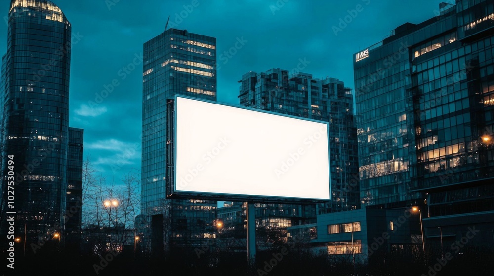 Large blank billboard middle city night is illuminated horizontal advertising