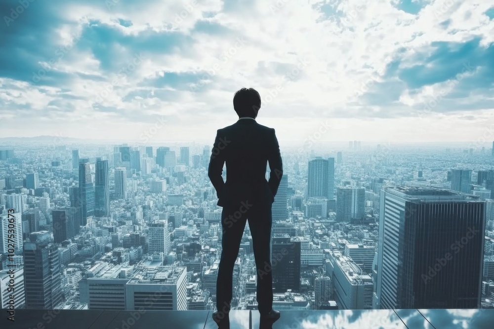 Man standing high-rise building looking out city below Man standing high-rise building looking out city below
