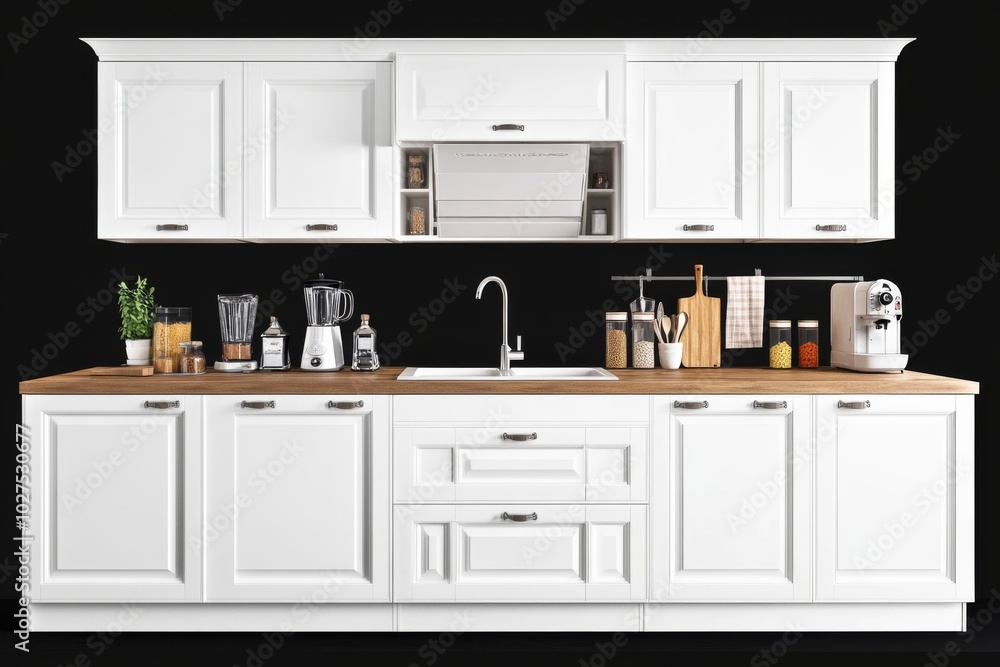 Modern kitchen white cabinets wooden countertop has large cabinet Modern kitchen white cabinets wooden countertop has large cabinet