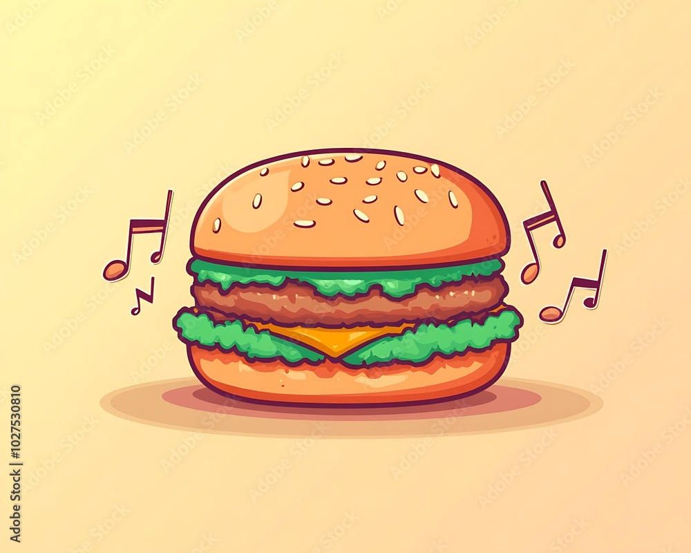 A burger with musical notes forming around it, vibrant and simple cartoon design. A burger with musical notes forming around it, vibrant and simple cartoon design.