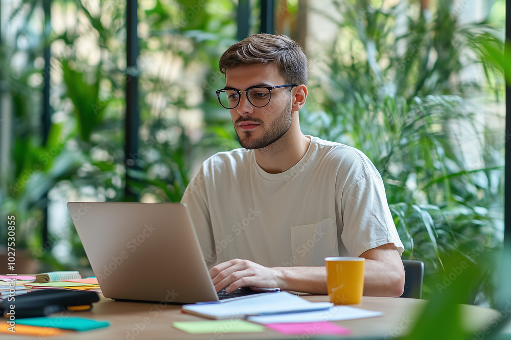 A handsome man in glasses is sitting at the table and working on his laptop, holding an open notebook with notes near him. A handsome man in glasses is sitting at the table and working on his laptop, holding an open notebook with notes near him.