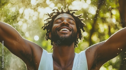 Happy African American in self-care and mental health content, showcasing a joyful man practicing self-care rituals, symbolizing mental well-being, positivity, and the importance of self-love. photo