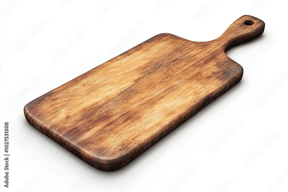 A wooden cutting board with a handle, isolated on a white background. A wooden cutting board with a handle, isolated on a white background.